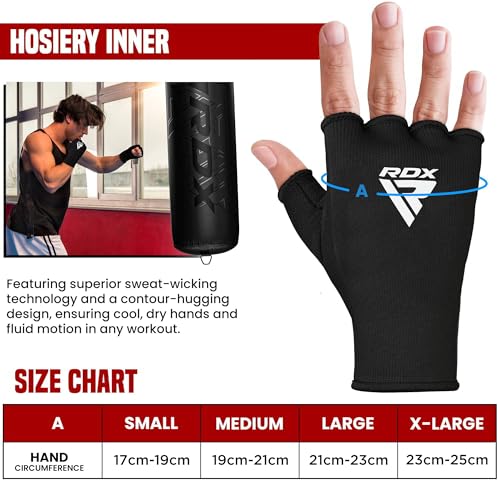 RDX Boxing Hand Wraps Inner Gloves Men Women, Half Finger Elasticated Bandages, Under Mitts Fist Protection, Muay Thai, Kickboxing, MMA, Martial Arts Speed Bag Punching Training - color: Black, size: Large