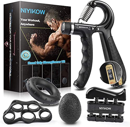 NIYIKOW Grip Strength Trainer Kit With Counter (5 Pack) - Adjustable Hand Strengthener, Counting Strength, Finger Trainer, Exerciser, Ring & Stress Relief Ball With Carry Bag