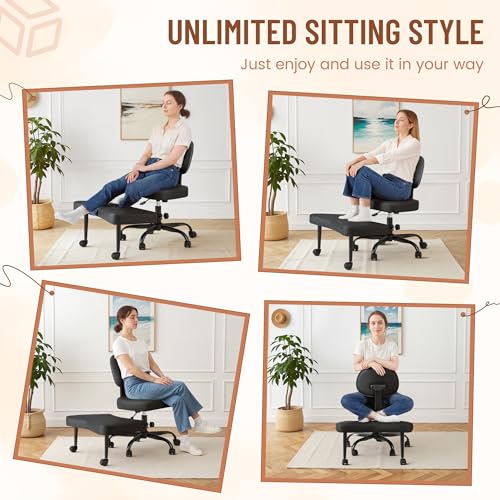 Homall Ergonomic Cross Legged Office Desk Chair with Wheels, 360° Swivel and Adjustable Height for Meditation and ADHD,Criss Cross Kneeling Chair with Lumbar Support (Leather, Black) - color: Black