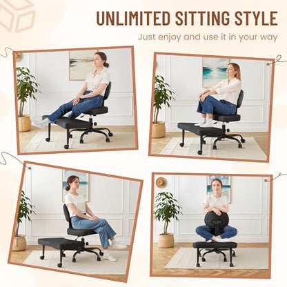 Homall Ergonomic Cross Legged Office Desk Chair with Wheels, 360° Swivel and Adjustable Height for Meditation and ADHD,Criss Cross Kneeling Chair with Lumbar Support (Leather, Black) - color: Black