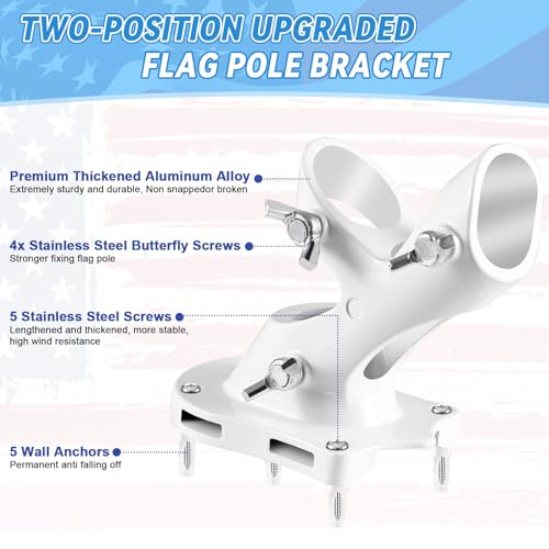 Flag Pole Brackets for House, REERON 2-Positions Metal 1" Flagpole Holder Mounts, Aluminium Rustproof Outside Flag Pole Wall Porch Mounting Bracket with 3 Fixed Holes & Steel Hardwares (White-2 Pack)