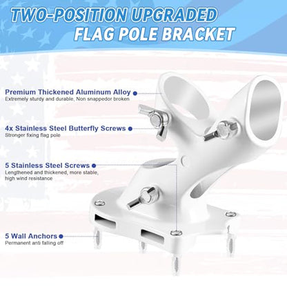 Flag Pole Brackets for House, REERON 2-Positions Metal 1" Flagpole Holder Mounts, Aluminium Rustproof Outside Flag Pole Wall Porch Mounting Bracket with 3 Fixed Holes & Steel Hardwares (White-2 Pack)