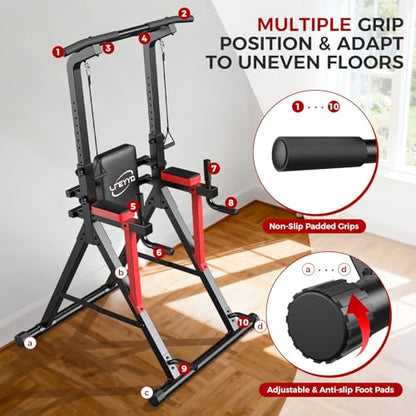 Power Tower Pull Up Bar Free Standing - 13-Level Adjustable Height Dip Station with X-Frame Stability, Multi-Grip Handles, Backrest, Anti-Slip Foot Pads - Home Gym Strength Training Equipment - color: Black Red