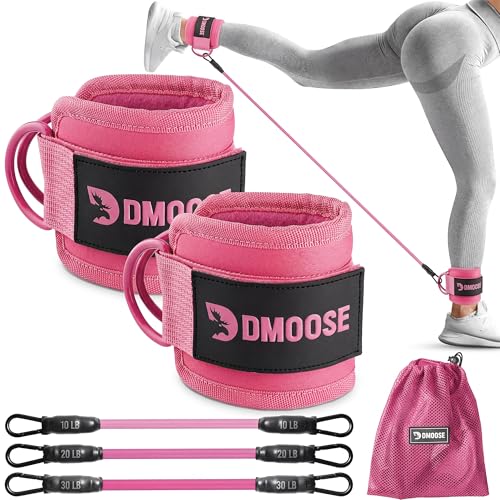 DMoose Fitness Ankle Strap for Cable Machine - One Size Fit with Premium Padding Cuffs, Ankle Bands for Working Out, Booty Workouts, Leg Extension, Hip Abductors, Kickbacks & Lower Body Exercises - color: Ankle Straps Pink + Tube Resistance Bands