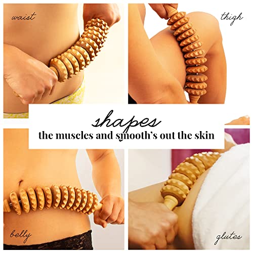tuuli Wooden Massage Roller for Waist and Thigh, Multi-Functional Body Roller for Cellulite Reduction and Muscle Tension, Natural Massager for Women and Men (Curved)