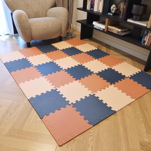 TCBunny Kids Soft EVA Foam Jigsaw Puzzle Play Mat, 36 Interlocking Tiles and Edges Baby Play Mat, for Kids Gym, Nursery, Playroom, Pet Mat, Total Floor Coverage 32 Sq Ft, Blue/Pink/Cream