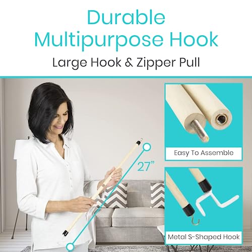 Vive Dressing Stick for Elderly (27”) - with Zipper Puller & Sock Remover Tool - Aid for Pants - Accessories for Daily Living, Assistant Device No Bending for Seniors - After Shoulder Surgery Helper