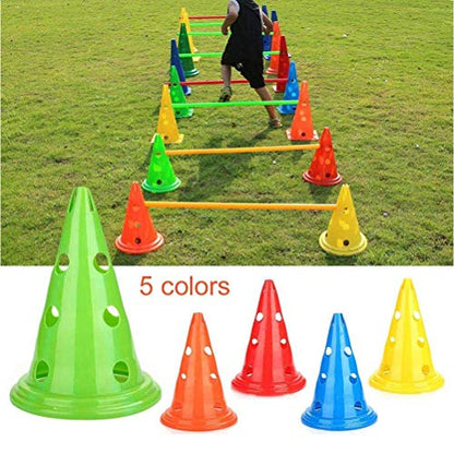 Football Training Cones, 5 Pieces Bright PE Agility Cones with Holes for Football Practice Obstacle Course Indoor Outdoor Speed Training Red Yellow Blue Green Orange