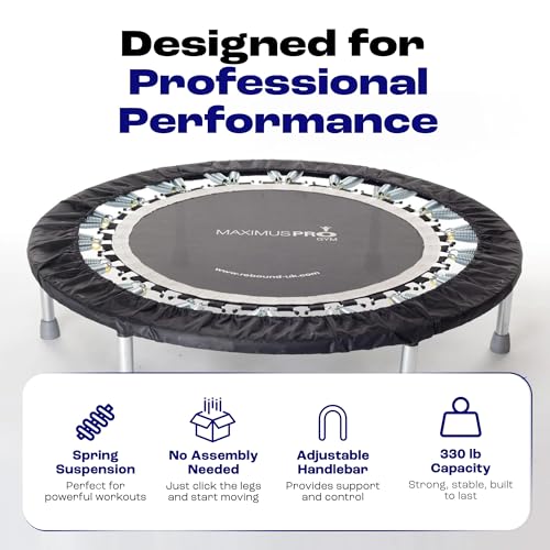 Maximus Pro Home Gym Rebounder Mini Trampoline 40'' + Handle Bar | Includes Workouts Online + DVD's | Adults Indoors | 150kg User Weight. Adult Exercise Trampoline | Already Assembled