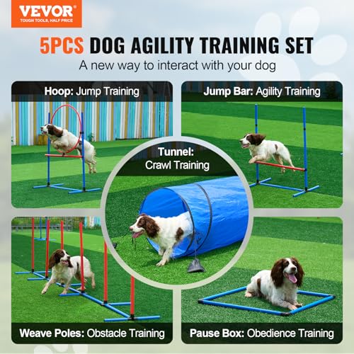 VEVOR Dog Agility Training Equipment, Dog Agility Course Backyard Set with Adjustable High Hurdles,6 Weave Poles,Tunnel,Jump Ring,Pause Box,Whistle,Foldable Bowl,Storage Bag, Puppy Obstacle Course Kit - size: 7 Pcs Training Set