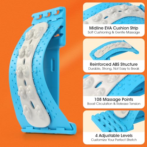 Premium Back Stretcher for Lower Back Pain Relief – 4-Level Adjustable Lumbar Support Board with Soft EVA Massage Strip – Durable & Portable Back Cracker to Release Tension and Reset Your Day (Blue)