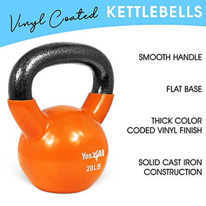 Yes4All Kettlebell, Vinyl Coated Kettlebell Cast Iron Sets with Stable Flat Bottom for Full Body Workout, Push up, Grip Strength Training & Weights Exercises - color: Multicolor, style: 20 - 25lb
