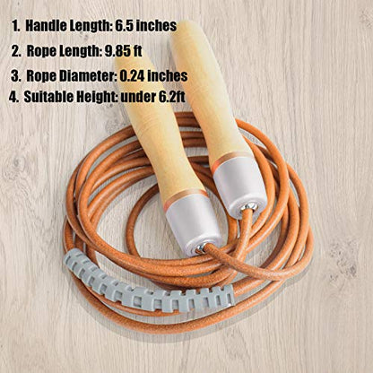Leather Jump Rope, Adjustable Skipping Jumping Ropes, with Rotary Bearing and Pure Wood Handles, for Gym & Home Fitness Workouts
