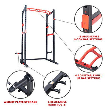 Sunny Health & Fitness Power Zone Strength Rack Power Cage - 1000 LB Weight Capacity, Spotter Bar, Angled Pull-Up Bar, J-Hooks, Resistance Band Pins, Optional LAT Pull Down