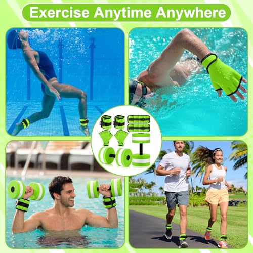 6 Pcs Water Aerobics Equipment Set Full Body Pool Exercise Kit, 2 Aqua Dumbbells, 2 Adjustable Ankle/Wrist Weights, 2 Webbed Swim Gloves, Low Impact Aquatic Workout Gear
