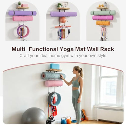 Yoga Mat Holder Accessories Wall Mount Organizer Storage Decor Foam Roller and Towel Storage Rack with 4 Hooks and Wooden Shelves Yoga Mats Rack Resistance Bands for Home Gym School Office
