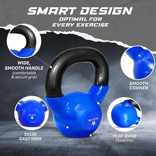 Yes4All Kettlebell, 5-100 LB Vinyl Coated Cast Iron Strength Training Kettlebells for Home Gym Exercises, Fitness, Full Body Workout Equipment, Push Ups, and Grip Strength - color: A. 5LB - Dark Blue, style: Vinyl Coated - Pair