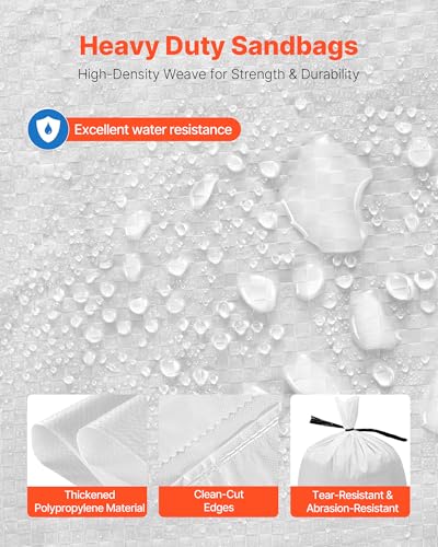 VEVOR Heavy Duty Sand Bags, 50Pack 14" x 26", Empty Sandbags for Flooding with Tie Strings, Woven Polypropylene Sand Bag with 1600 Hours of UV Protection, 50Lbs Capacity - size: 50 PACK