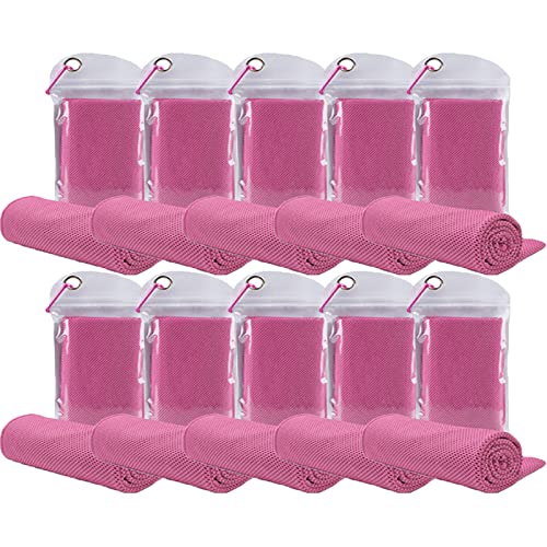 10 Pack Cooling Towels Bulk Microfiber Ice Towel Quick Dry Breathable Chilly Sweat Towel Stay Cool Towel for Neck Face Yoga Gym Workout Running Pilates Beach with Carabin Bag, 40x12'', Pink - color: Pink