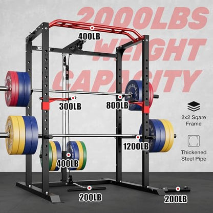 S11 Power Cage, 2000LB Multi-Function Power Rack with LAT Pulldown, Squat Rack with Adjustable Pulley System and Training Attachments, Weight Rack for Home Gym - style: S11 Power Cage