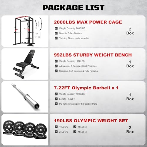 S11 Power Cage, 2000LB Multi-Function Power Rack with LAT Pulldown, Squat Rack with Adjustable Pulley System and Training Attachments, Weight Rack for Home Gym - style: 190LB Black Weights Package