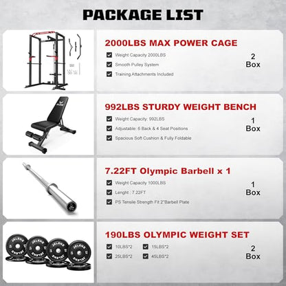 S11 Power Cage, 2000LB Multi-Function Power Rack with LAT Pulldown, Squat Rack with Adjustable Pulley System and Training Attachments, Weight Rack for Home Gym - style: 190LB Black Weights Package