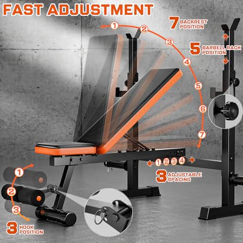 770lbs Weight Bench Set with Squat Rack, 5 in 1 Workout Bench Press With Removable Foot Catch, Adjustable Flat Incline Sit Up Bench for Home Gym Full Body Strength Training