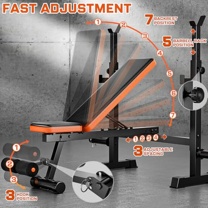 Fostoy 770lbs Weight Bench Set with Squat Rack, 5 in 1 Workout Bench Press With Removable Foot Catch, Adjustable Flat Incline Sit Up Bench for Home Gym Full Body Strength Training