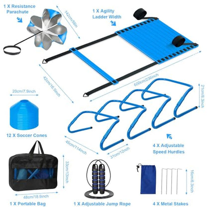 Agility Ladder, Soccer Training Equipment Set, 4 Agility Hurdles, 20ft Speed Ladder, Running Parachute, 12 Football Cones, Jump Rope | Soccer Basketball Athletes Speed Training