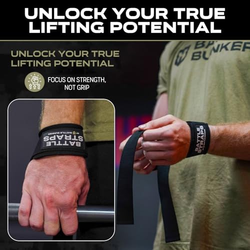 Battle Bunker Lifting Straps for Weightlifting – Padded Wrist Straps for Deadlifts & Pull-Ups – Reduce Wrist Pain, Improve Grip Strength & Lift Heavier – Gym Straps for Strength Training - color: Black