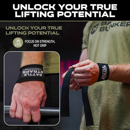 Battle Bunker Lifting Straps for Weightlifting – Padded Wrist Straps for Deadlifts & Pull-Ups – Reduce Wrist Pain, Improve Grip Strength & Lift Heavier – Gym Straps for Strength Training - color: Black