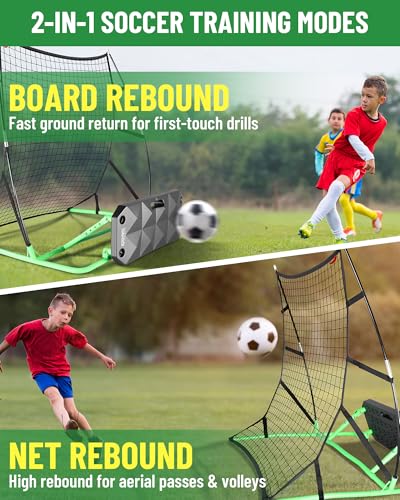 2-in-1 Soccer Rebounder with Adjustable Dual-Sided Rebound Board, Soccer Rebounder Net for Passing, Volleys & Ground Drills, Soccer Training Rebound Net for Solo & Team Practice