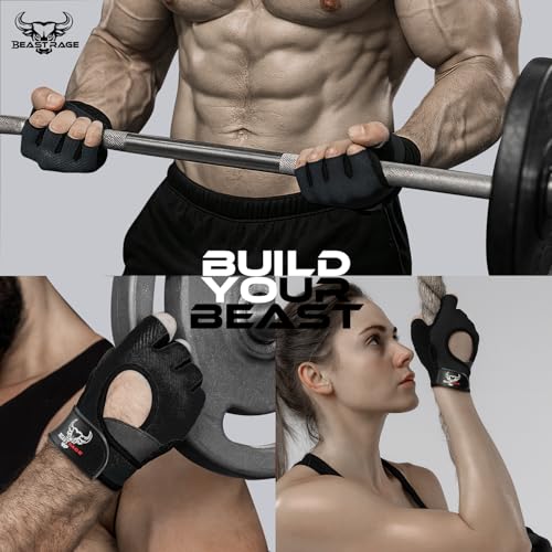 BEAST RAGE Fingerless Weight Lifting Gloves with Palm Protection Padding, Breathable Lightweight Gym Gloves for Men, Women, Weightlifting, Cycling, Exercise, Training Pull Up - color: Black, size: X-Large