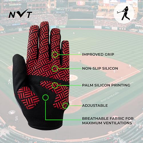 NVT Baseball Batting Gloves Youth & Adult Men Women- Padded Softball Batting Gloves with Super Grip Silicone Palm, Breathable Flexible Fit- Baseball Gloves for Kids Boys Girls - color: Red, size: Adult Large