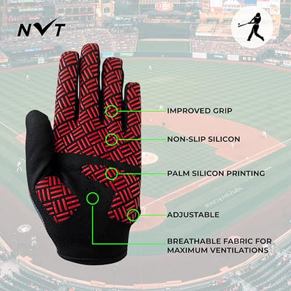 NVT Baseball Batting Gloves Youth & Adult Men Women- Padded Softball Batting Gloves with Super Grip Silicone Palm, Breathable Flexible Fit- Baseball Gloves for Kids Boys Girls - color: Red, size: Adult Large