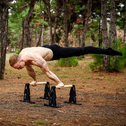 BARVORE® Wooden Parallettes, low or medium gymnastics bars, handstand bars with wooden handle, parallette bars for calisthenics, push up bar, bodyweight training
