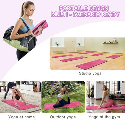 Hot Yoga Mat Towel Set – Non-Slip 600GSM Thickened Microfiber Yoga Mat Cover (70"x25.5") + Hand Towel – Super Absorbent, Skidless Sweat Towel for Hot Pilates, Bikram & Fitness, Dark Pink