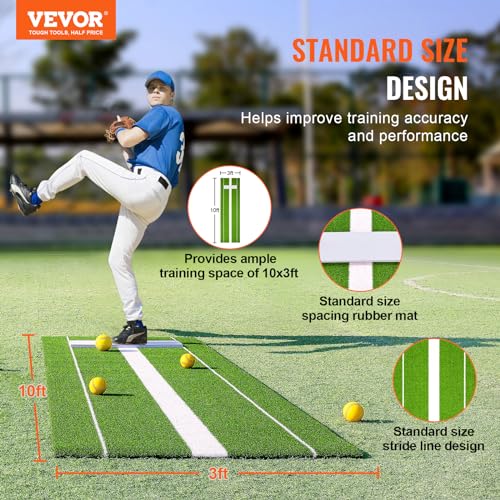 VEVOR 10x3ft Softball/Baseball Pitching Mat with Rubber Mound - Anti-Fade Turf & Anti-Slip Foam Backing, Portable Fastpitch Training Aid for Indoor/Outdoor Practice (Red/Green)
