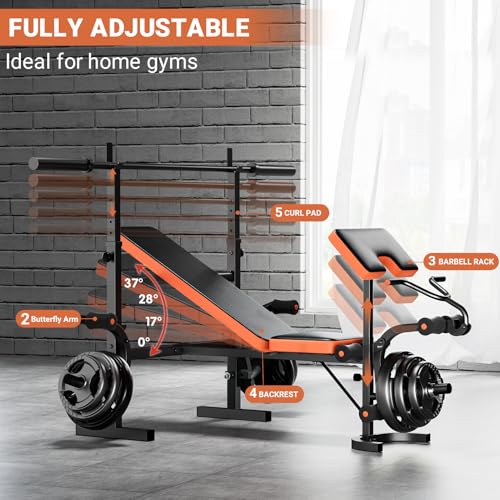 Adjustable Weight Bench, Bench Press with Squat Rack, Olympic Weight Bench for Home Gym, Workout Bench with Preacher Curl Pad and Leg Develope for Full-Body Strength Training