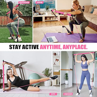 Pilates Bar Kit with Resistance Bands, Pilates Equipment, Multifunctional Pilates Bar for Women & Men, Pilates kit for Hip, Back, Arm, Full-Body Workouts, Home Gym Strength Training Equipment - style: Pink