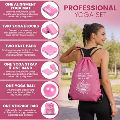 Foldable Yoga Mat and Blocks Set for Women with 2 Pack Yoga Blocks and Strap,Thin Non Slip Pilates Mat with Bag, Home Workout Equipment Essentials Starter Kit for Beginners Full Body Toning - color: Pink