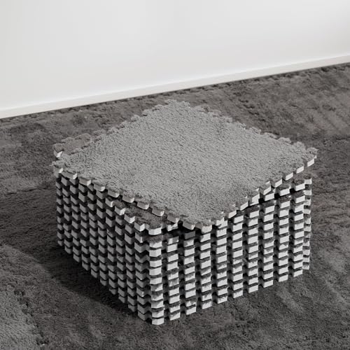 12 Pcs Plush Interlocking Carpet Tiles, Non-Toxic Shaggy Foam Carpet Tiles for Toddler Baby, Anti-Slip, EVA Foam Interlocking Tiles for Floor, Nursery, Playroom, Grey - color: Gray, size: 12P