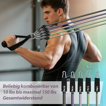 WHATAFIT Resistance Bands, Exercise Bands, Workout Bands with Handles, Door Anchor and Ankle Straps, 5 Resistance Levels Fitness Bands for Strength Training, Physical Therapy, and Home Gym Equipment
