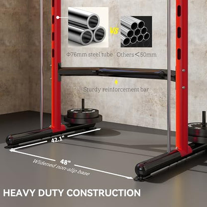 Soozier Squat Rack with Pull-Up Bar, Adjustable Power Rack with Barbell Bar, Multi-Functional Steel Bench Press Rack for Home Gym Strength Training, Black - color: Red