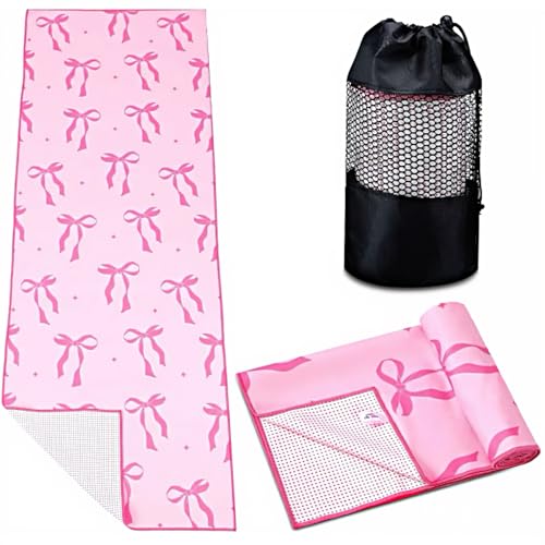 Pink Bow Yoga Mat Towel with Grip Dot Preppy Coquette Bow Non Slip Ultra Absorbent Soft Microfiber Towel Without Hot Yoga Mat 72 x 24 Inch for Pilates Fitness Gym Women Birthday Gifts
