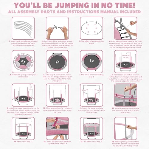 55" Toddler Trampoline for Kids Ages 3–8 – Indoor & Outdoor Kids Trampoline Anti-Tilt Frame, Adjustable Gym Bar, Basketball Hoop, Ocean Balls, Boxing Bag, Hammock & Boxing Gloves