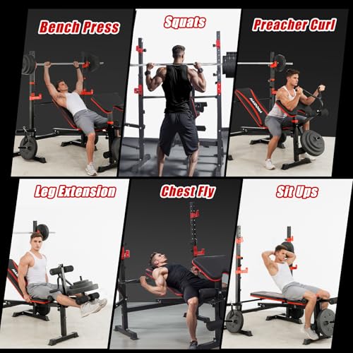 1500LBS 8 in 1 Weight Bench Set with Leg Extension/Curl and Preacher Curl, Bench Press Set and barbell Rack with Safety Bar Catches, Foldable Workout Benches for Home(US Stock) - color: Black Red