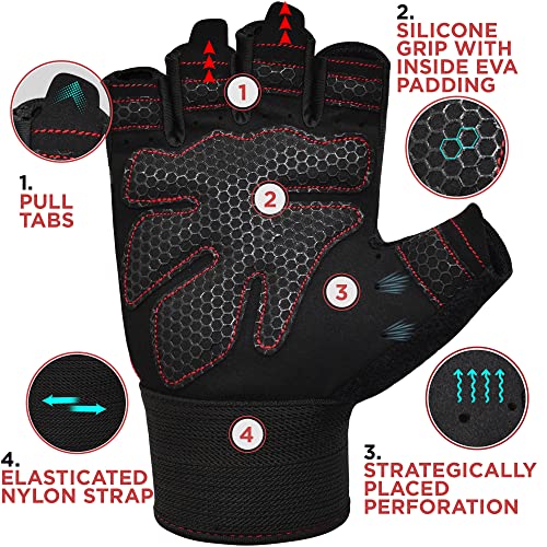 RDX Weight Lifting Gloves Gym Fitness Workout, Anti Slip Padded Full Palm Protection, Ultra Ventilated, Bodybuilding Strength Training HIIT WOD Exercise, Half Finger Men Women Cycling Rowing Climbing - color: Red, size: Large