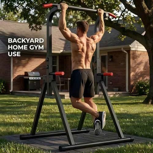 Foldable Pull Up Bar Standing Power Tower, Multi-Function Dip Station, 6-Level Adjustable Height Strength Training Equipment for Home Gym, 440lbs Capacity