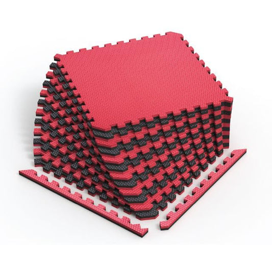 Reversible Gym Exercise Mats 3/4" Thick EVA Interlocking Foam Tiles, Perfect Gym Flooring for Home Gym, 12 24"x24" Tiles & 24 Trim Pieces, 48 Sq. Ft. Reversible, Red/Black - color: Red / Black, size: 12 Tiles - 48 Sq. Ft.